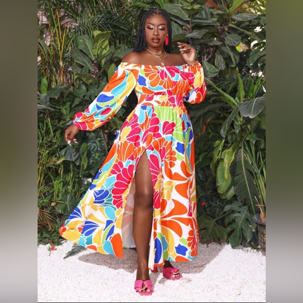 SHEIN Multicolor Off-Shoulder Floral Maxi Dress - Orange Pink Blue Green